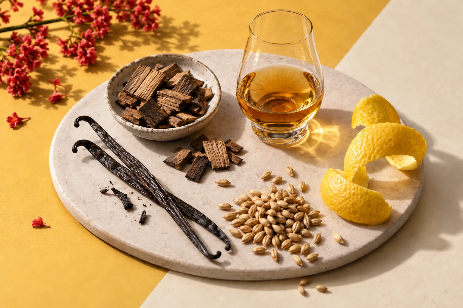 Oak, vanilla, grain and citrus arranged around a tasting glass